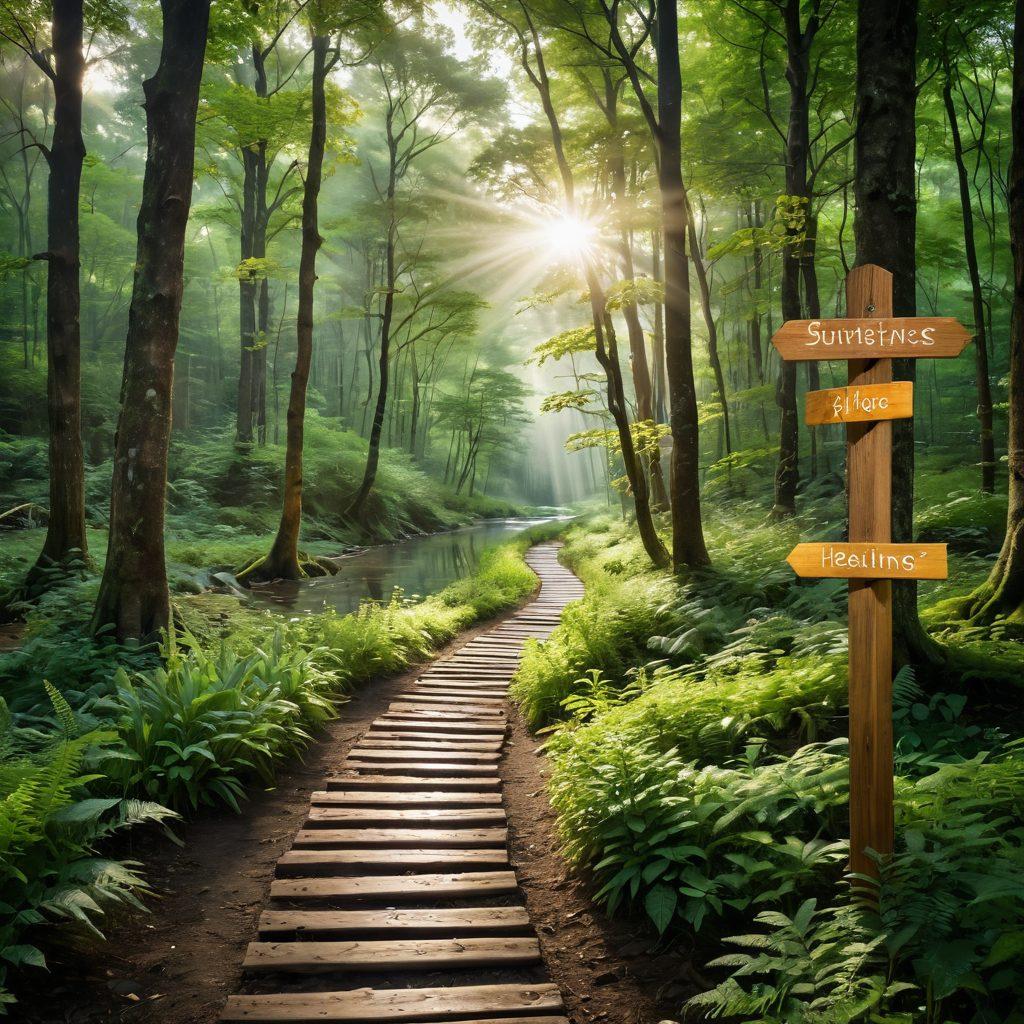 A serene pathway through a lush green forest symbolizing the journey from diagnosis to survivorship, featuring diverse individuals walking together, sharing stories and support. Soft sunlight filters through the trees, illuminating a signpost that reads 'Hope' and 'Healing'. In the background, a gentle stream flows, signifying the flow of life and resilience. super-realistic. vibrant colors. warm tones.