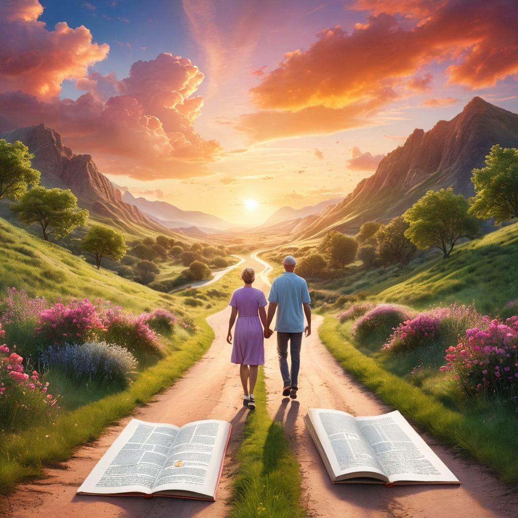 A serene road winding through a lush landscape, symbolizing the journey of cancer treatment. Include supportive figures holding hands, representing emotional support, alongside informational resources like books and community maps scattered along the path. The sky should convey a hopeful sunrise, illuminating the way forward. super-realistic. vibrant colors. soft focus.